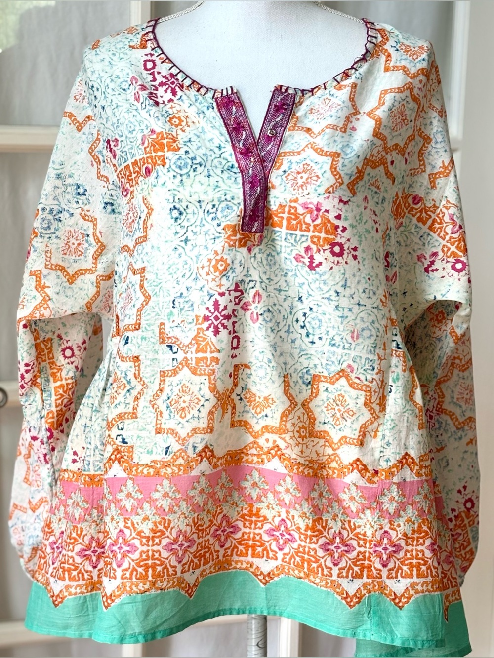 Sigrid Olsen Cotton Boho Tile Print Peasant Tunic Top M Relaxed